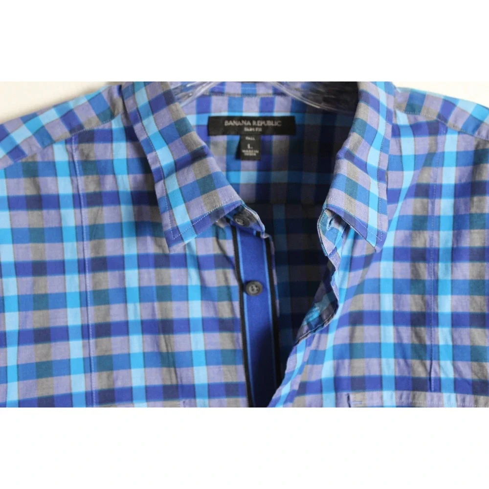 Banana Republic Slim Fit Tall Plaid Button‎ Down Shirt Mens L Blue Gray